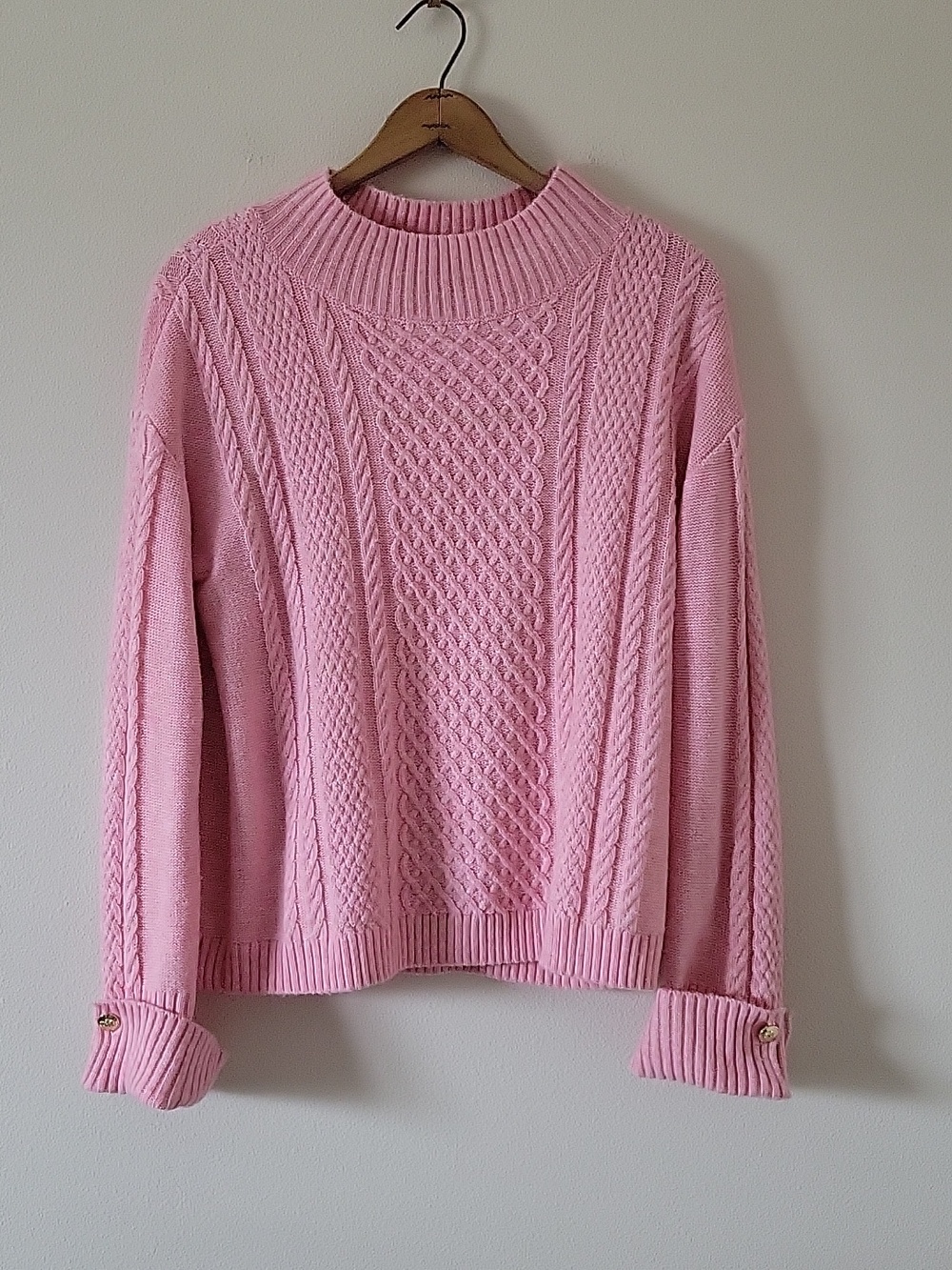 Talbots Light Pink Cable Knit Mock Neck Sweater Button Cuffs Size Medium